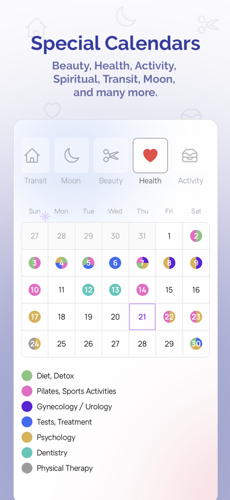 A monthly health and wellness calendar in the Ms Astro app with color-coded icons for diet, sports, and medical appointments.