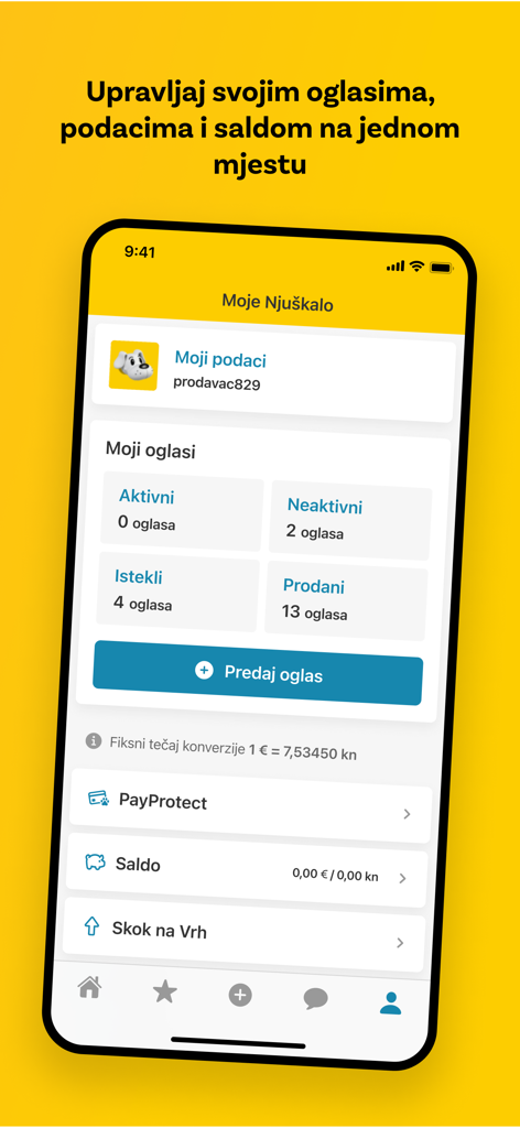 Njuškalo - Benutzerkonto-Dashboard in der Njuskalo App zur Verwaltung von Kleinanzeigen und Guthaben