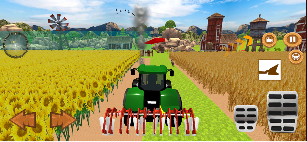 Real Farming Tractor 3D - Tractor verde conduciendo por campos de girasoles y trigo en un simulador de granja 3D.
