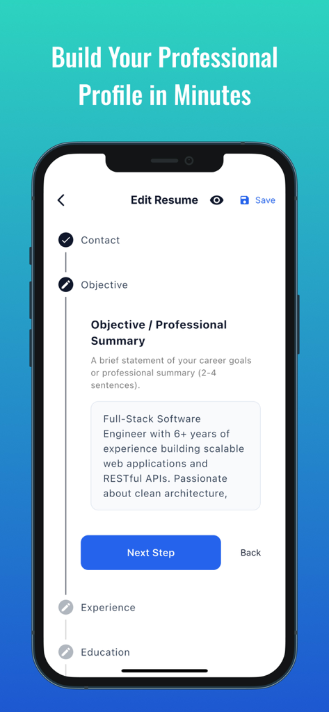 Resume Builder: CV Maker & AI - 履歴書作成アプリのモバイルアプリインターフェースで、プロフェッショナルなサマリーを編集