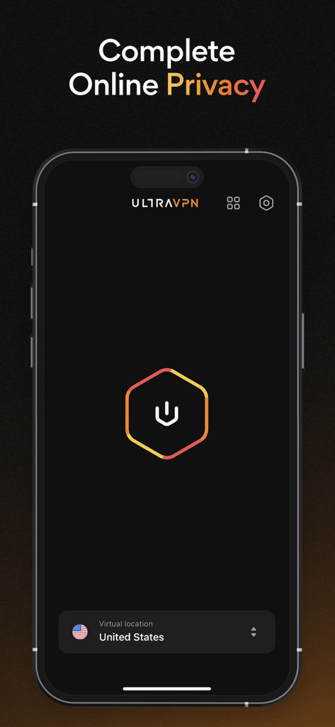 Schermata iniziale dell'app mobile UltraVPN con un pulsante di connessione per la privacy online e la selezione del server negli Stati Uniti