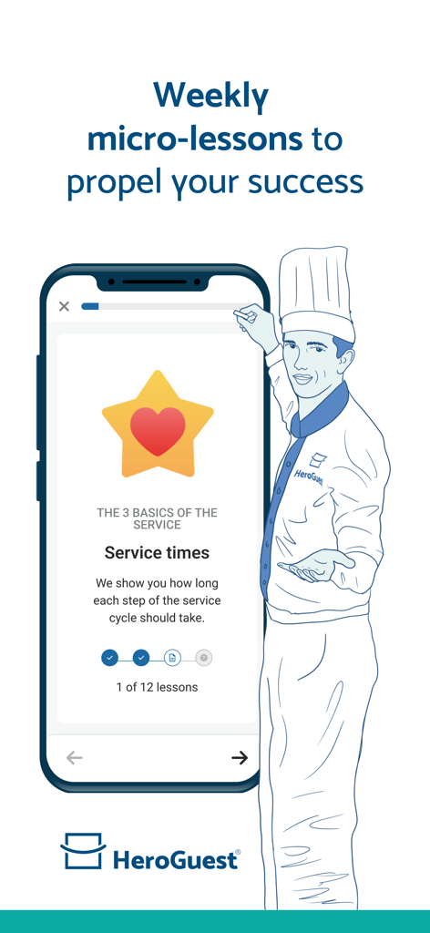 Un smartphone mostrando una microlección de formación en hostelería sobre tiempos de servicio con una ilustración de chef