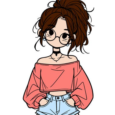 girl with a messy ponytail glasses a baggy crop top and jean shorts