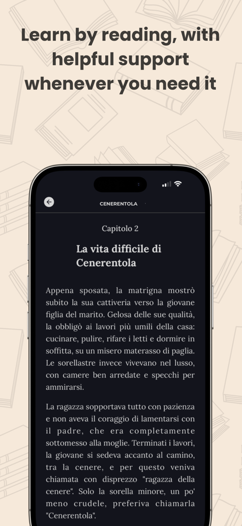 Read Fluently: LanguageLeveler - iPhone screen showing an Italian story titled Cenerentola in the LanguageLeveler app interface
