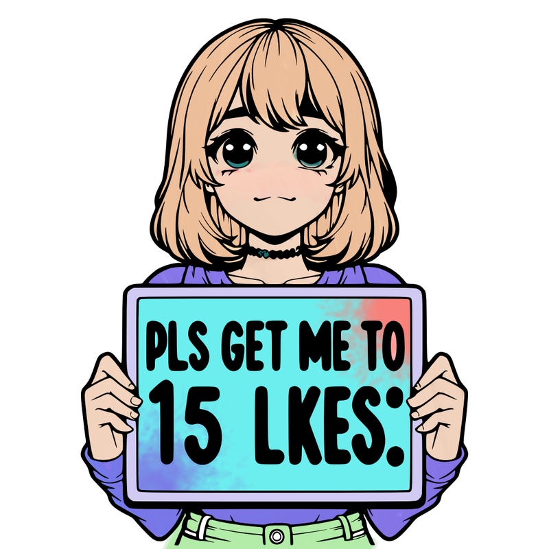 realistic girl holding up a sign that says “pls get me to 15 likes!”