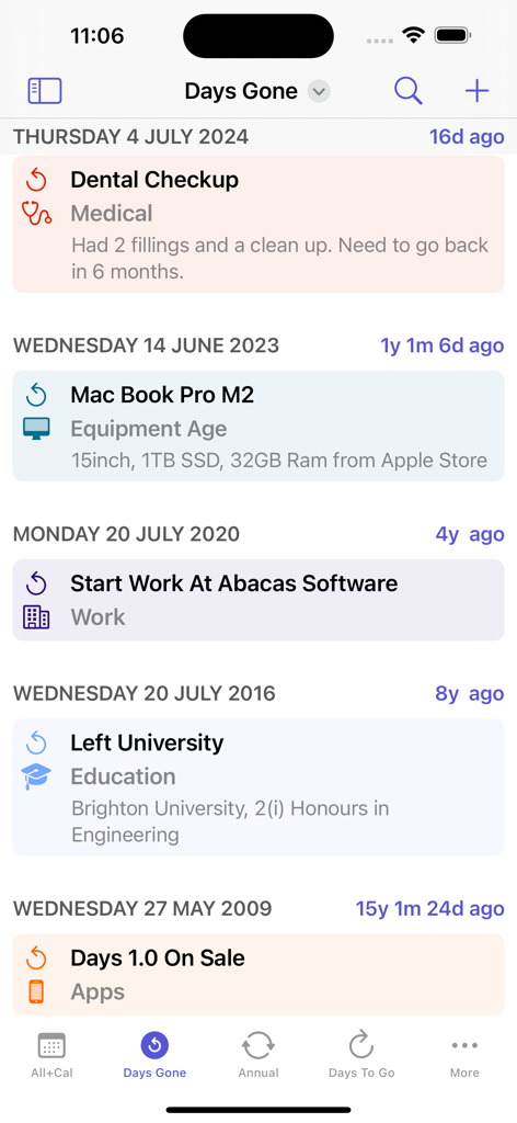 days - Interface of the days app displaying a chronological timeline of past life events and milestones