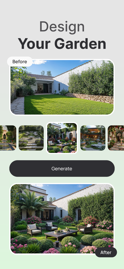 Visual de antes y después de un rediseño de jardín trasero utilizando IA.