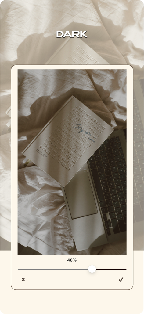 Interfaz del editor de fotos MULI ajustando el efecto oscuro en una foto estética