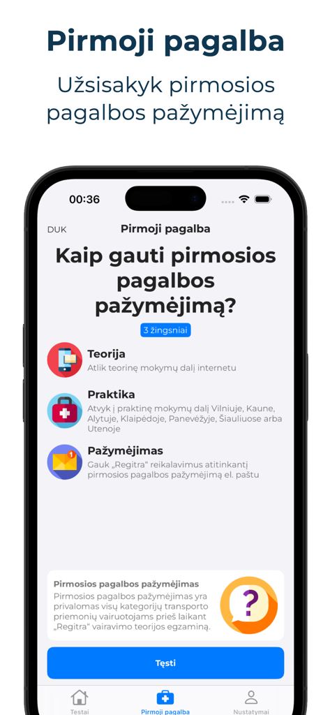 KET bilietai 2026 - Autostart - Passaggi per ottenere un certificato di primo soccorso all'interno dell'app di esame di guida Autostart