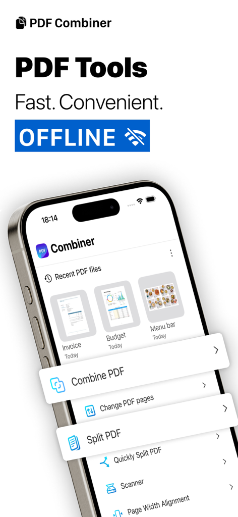Bildschirm eines iPhones, der die Benutzeroberfläche der PDF-Kombination-App mit Optionen zum Zusammenführen, Aufteilen und Scannen von Dokumenten offline anzeigt.