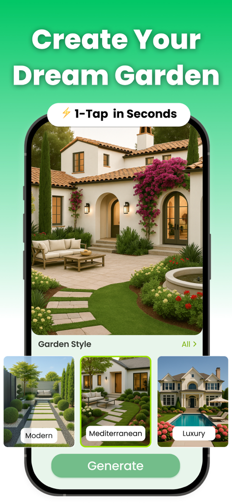 AI-powered backyard design interface showing a Mediterranean style garden makeover with stone paths and a patio.