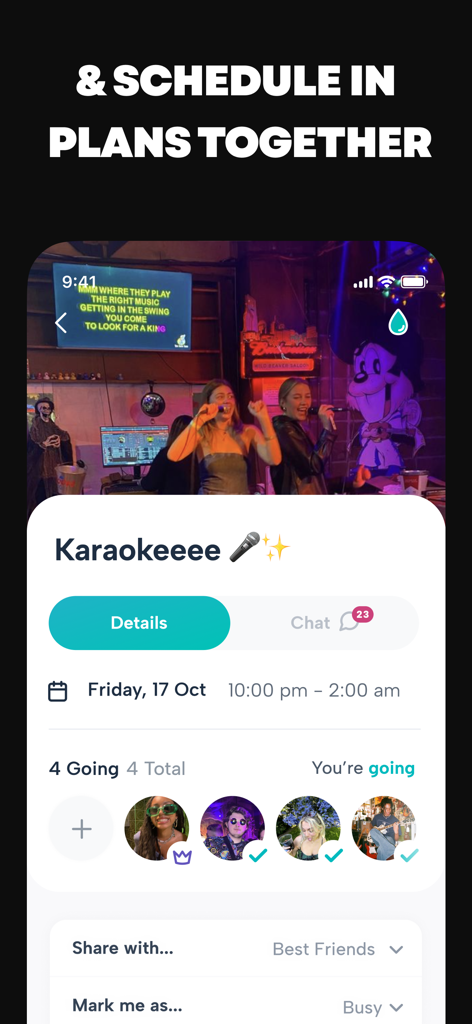 Howbout app interface showing a karaoke event plan with friend attendance list and scheduling details
