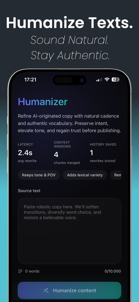 AI Detector - Humanizer - Smartphone screenshot showing the AI Humanizer tool interface for converting AI generated text into natural writing.