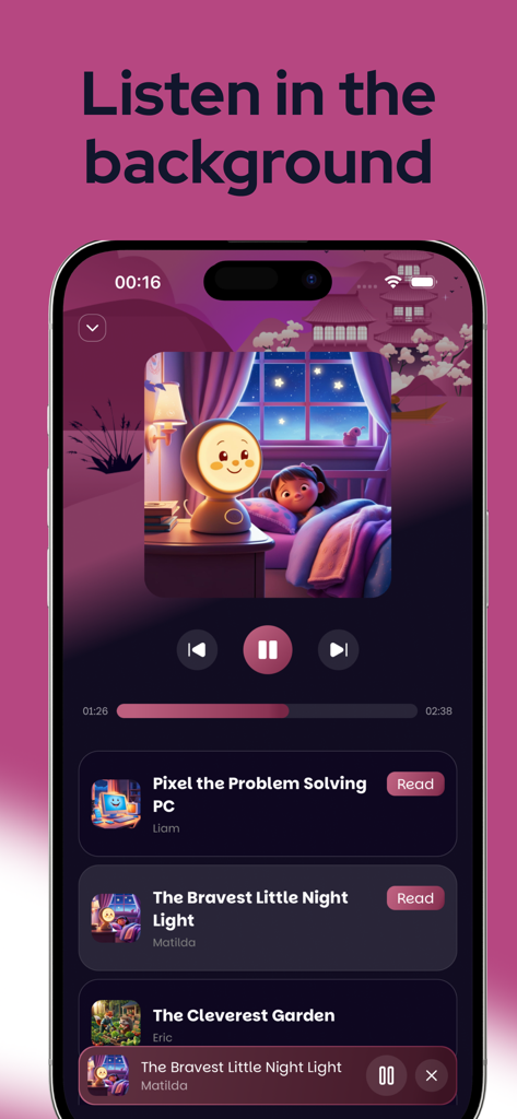 ASMR Sleep Sound Mix: Soundify - Interface do aplicativo Soundify exibindo reprodução em segundo plano e uma biblioteca de histórias para dormir.