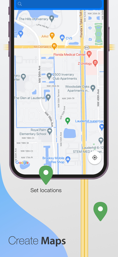 App Studio: Create an app - App Studio mobile interface showing the custom map creation and location setting feature