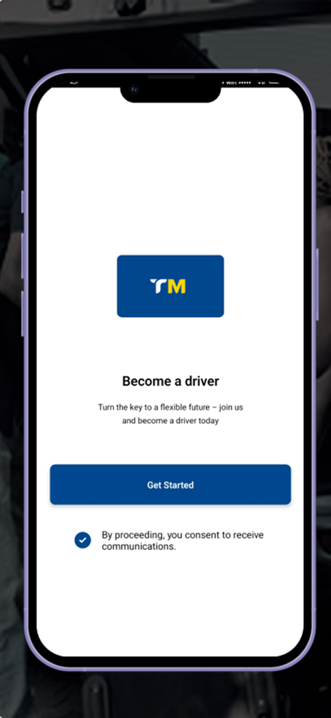 Pantalla móvil de la aplicación TripMaster Driver que muestra una página de registro para convertirse en conductor con un botón de empezar