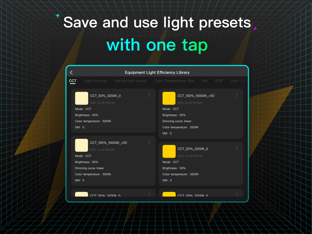 NEEWER Studio Tablet app interface showing the light efficiency library with various saved lighting presets