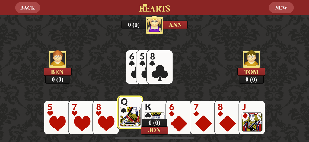 Gameplay-Bildschirm der Hearts-App, der eine Hand mit Karten und KI-Gegner auf einem dunkel gemusterten Hintergrund zeigt.