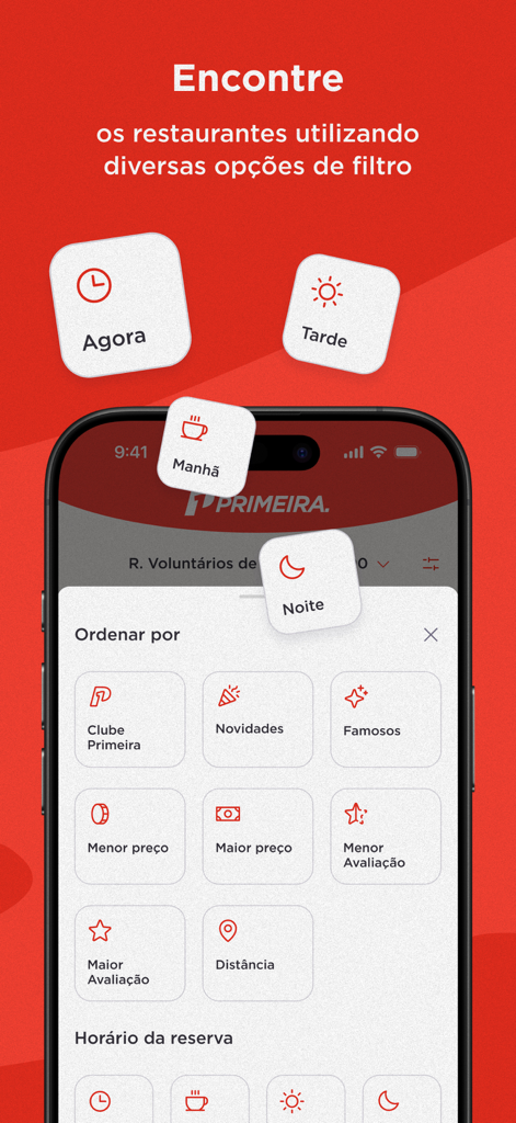 Mobile screen showing restaurant search filters and sorting options in the Primeira app.