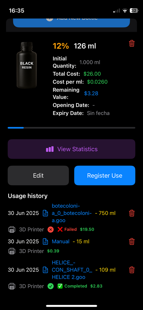 Resin Control - Pantalla de la aplicación Resin Control mostrando el seguimiento del inventario de resina, incluido el costo por ml y el historial de uso de impresión 3D.