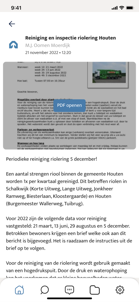 Schermata dello smartphone che visualizza i dettagli di un progetto di pulizia delle fognature nell'app KWS