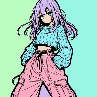 anime teen girl with baggy pants and crop top with sweater