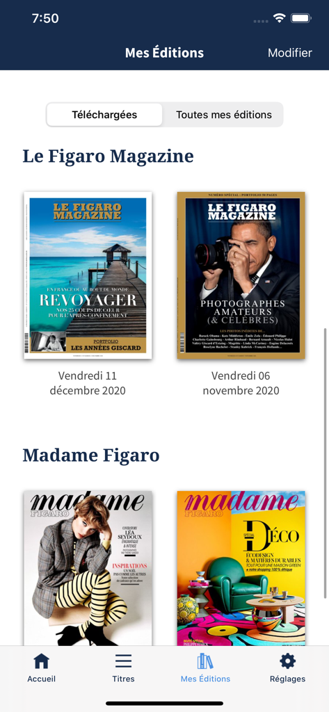 Library view of the Kiosque Figaro app displaying digital editions of Le Figaro Magazine and Madame Figaro