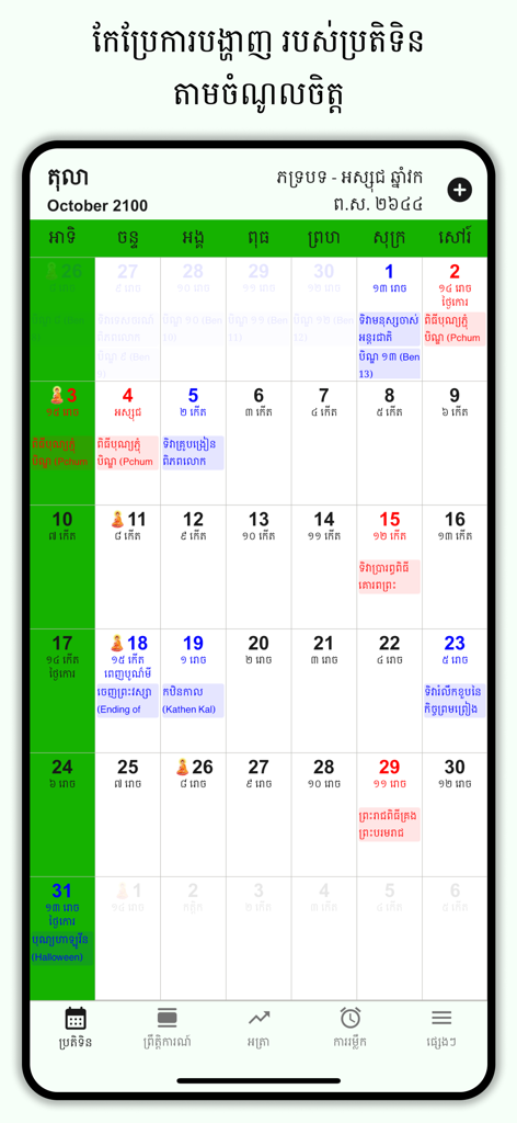 Vista mensile dell'app Calendario Lunare Khmer che mostra le festività tradizionali e i giorni sacri religiosi
