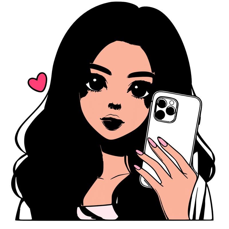 a realistic beautiful girl with brown hair a has a phone in her hand