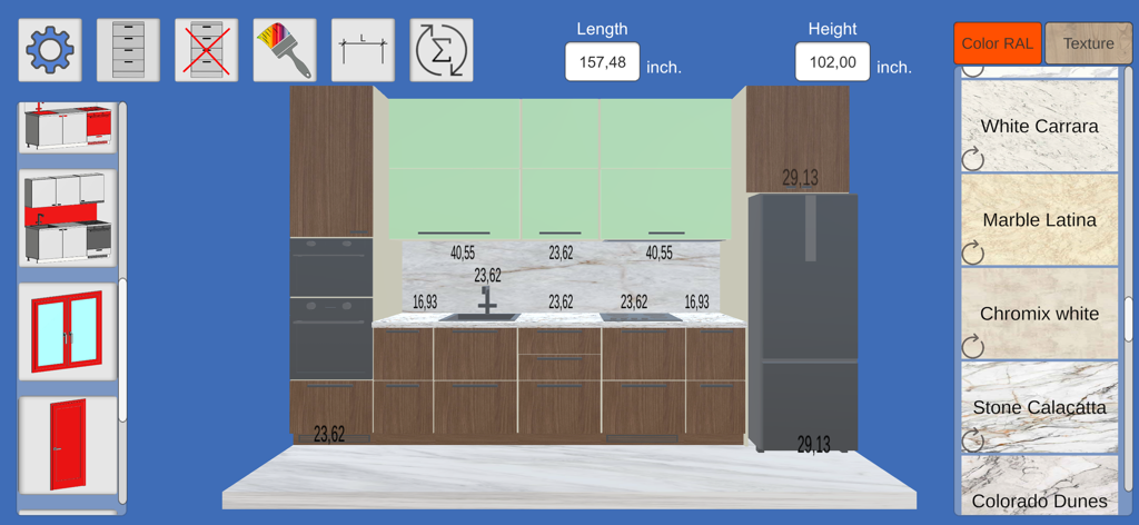 3D kitchen design interface with measurements in inches and material selection sidebar