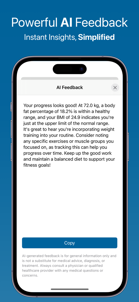 Weight BMI Fat Log Feeltracker - Pantalla de teléfono inteligente que muestra comentarios de salud personalizados de IA e información de IMC en la aplicación Feeltracker.