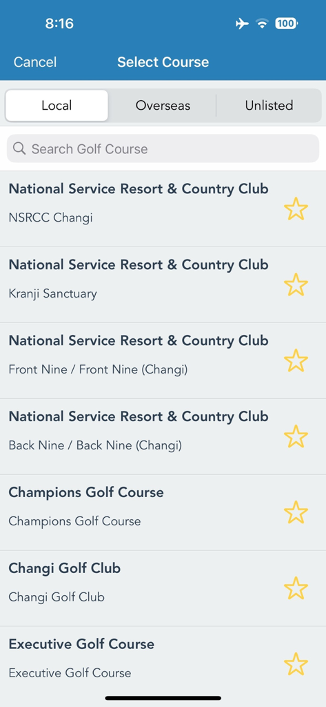 SGA CHS - SGA CHS mobile app screen showing a list of local Singapore golf courses for selection