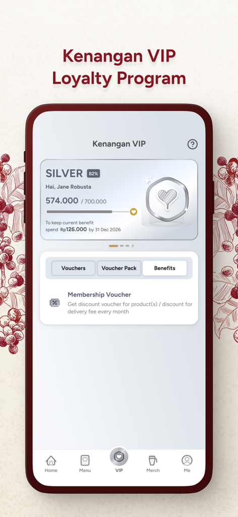 Kopi Kenangan Indonesia - Kenangan VIP Loyalty Program screen showing silver membership status and point progression