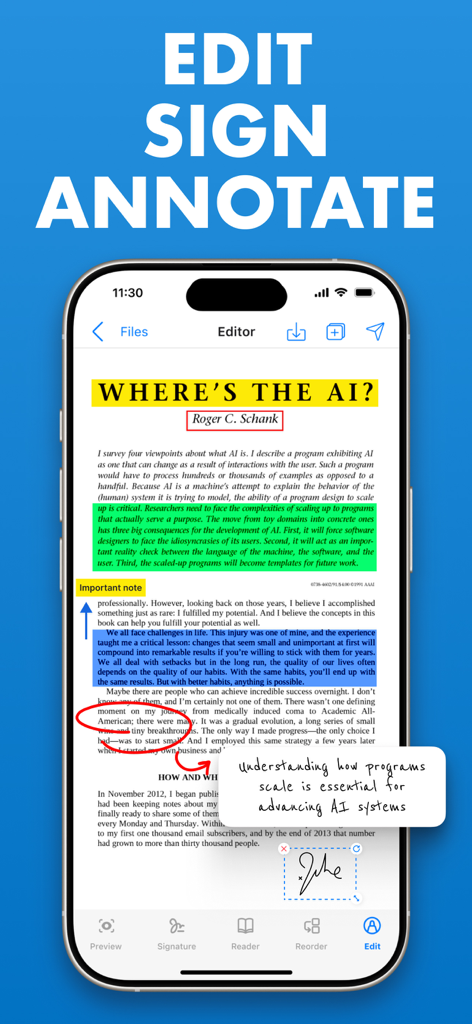 Smartphone mostrando una interfaz de editor de documentos para editar, firmar y anotar PDFs en la App de Impresora HP Smart