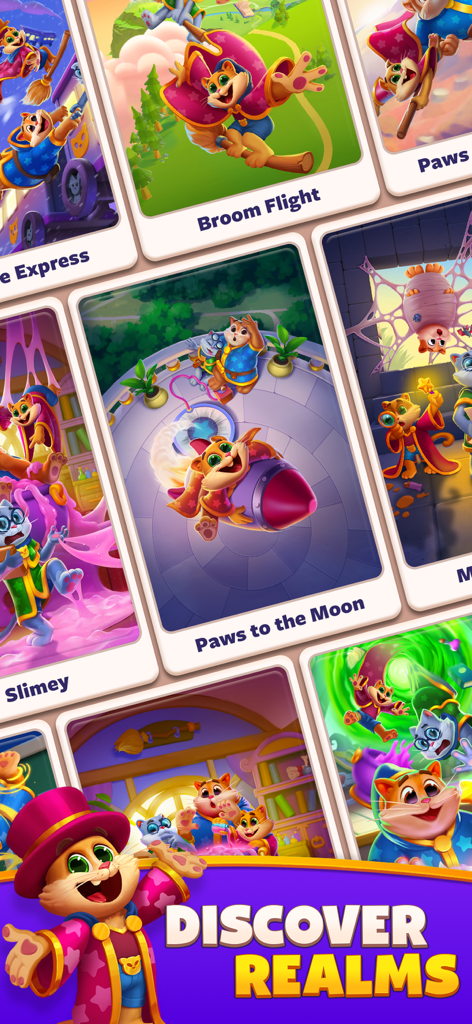 Un grupo de coloridas cartas de aventura con un gato mago mágico explorando diferentes reinos en Magic Sort.