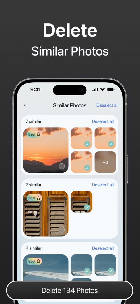 Interfaz de la aplicación Wipely que muestra fotos similares agrupadas con una opción para eliminarlas y liberar espacio de almacenamiento