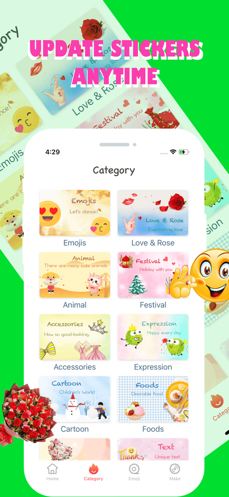 Magic Stickers & Emoji - Magic Stickers and Emoji app interface showing various sticker categories like animal and festival
