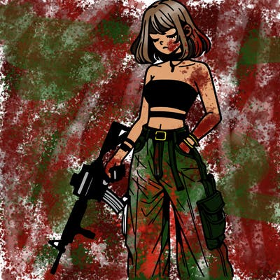 a dangerous girlcrop top and baggy jeans with a rifle in her hand