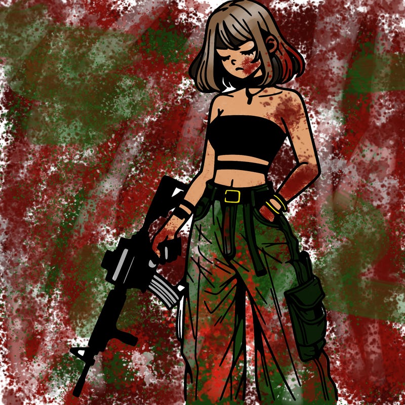 a dangerous girlcrop top and baggy jeans with a rifle in her hand
