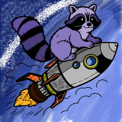 realistic raccoon flying on top rocket ship