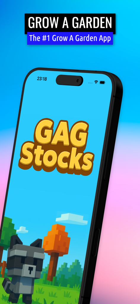 GAG Stocks - GAG Stocks app splash screen showing the logo and a raccoon character from the game Grow A Garden