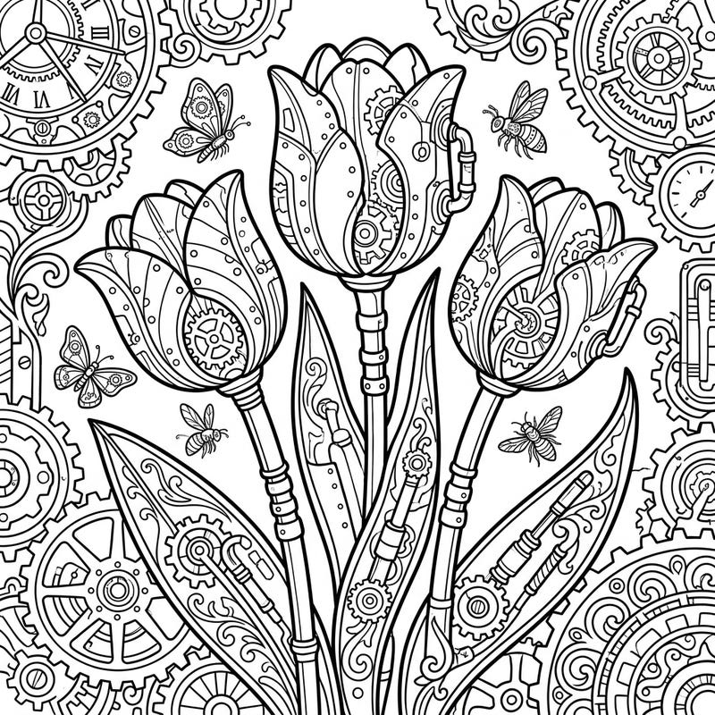 Unleash your creativity with this extraordinary coloring page featuring elegant tulips reimagined in a fascinating Steampunk style. Discover a captivating blend of floral beauty and intricate mechanical design, ready for your artistic flair.