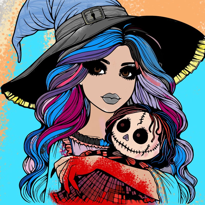 realistic beautiful witch halloween holding spooky doll