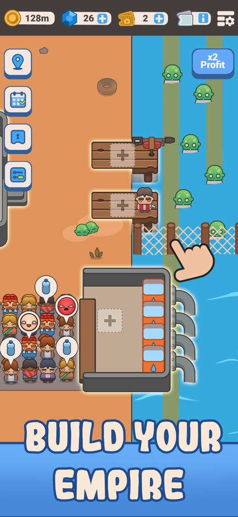 Idle Outpost Zombie Apocalypse - 생존자와 좀비들이 울타리에 접근하는 무역소가 보이는 Idle Outpost의 게임 플레이.