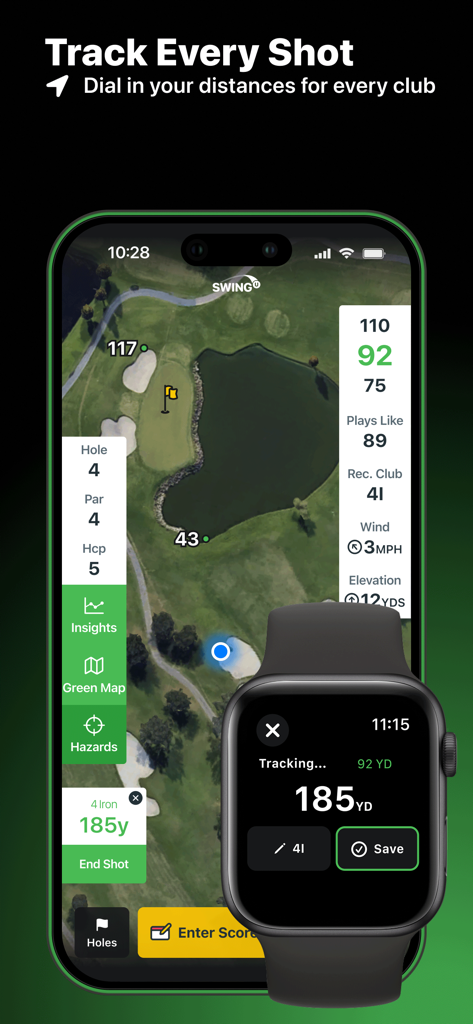 SwingU: Golf GPS Range Finder - Aplicación SwingU Golf GPS que muestra el seguimiento de golpes y recomendaciones de palos en iPhone y Apple Watch.