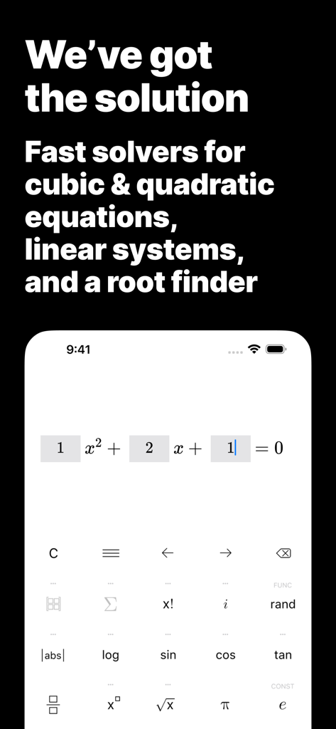 Scientific calculator interface showing a quadratic equation solver with a modern keyboard