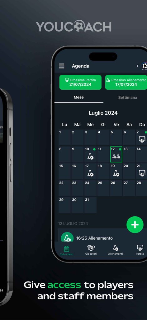 YouCoach Soccer Planner - YouCoach Soccer Planner app displaying a monthly calendar with scheduled training sessions and matches for coaches