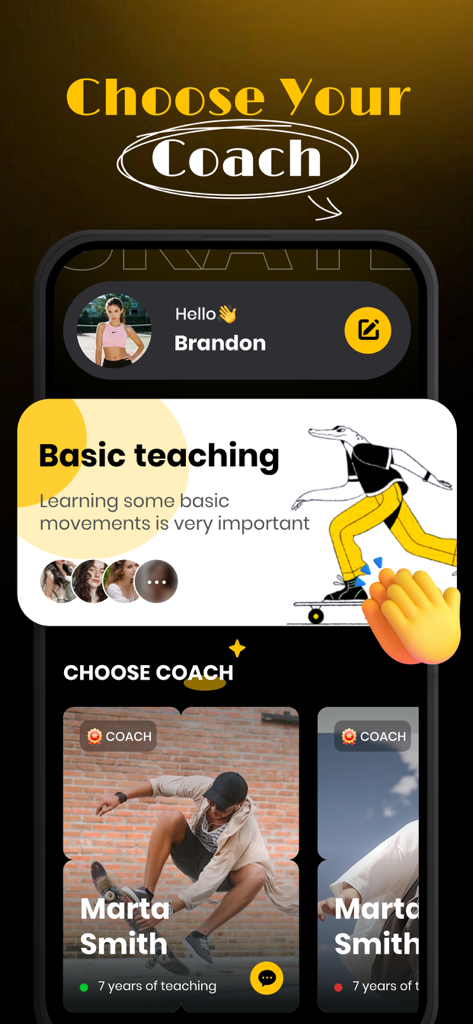 A mobile app interface for Rollmate showing a choose your coach screen for skateboarding tutorials with profiles of teachers and a basic teaching card.
