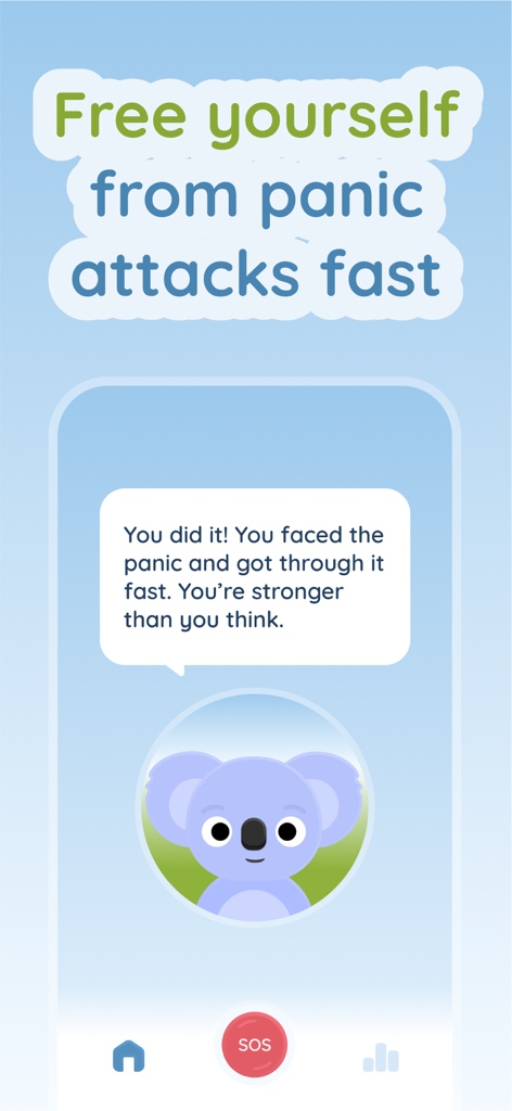 Kozy: Anxiety Relief Games - Smartphone screen showing the Kozy app with a supportive koala character and text about overcoming a panic attack.