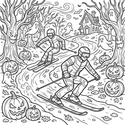 Embark on a unique Halloween adventure with this exciting coloring page featuring telemark skiers navigating a spooky landscape. Filled with grinning jack-o'-lanterns and friendly ghosts, it offers a thrilling blend of winter sports and festive fun.